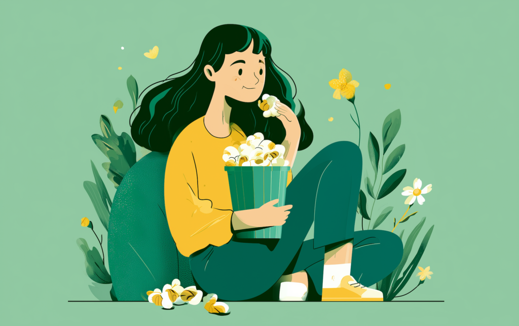 a woman eats high protein popcorn