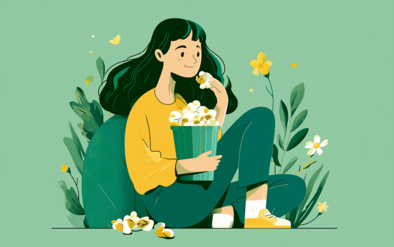 a woman eats high protein popcorn