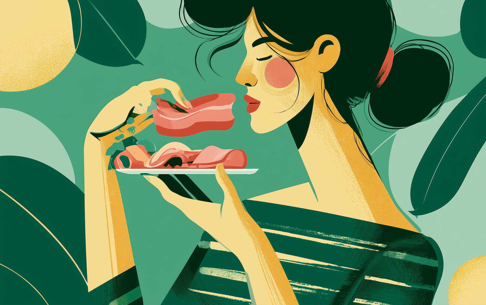 A woman eats a plate of bacon, a processed meat linked to colon cancer.