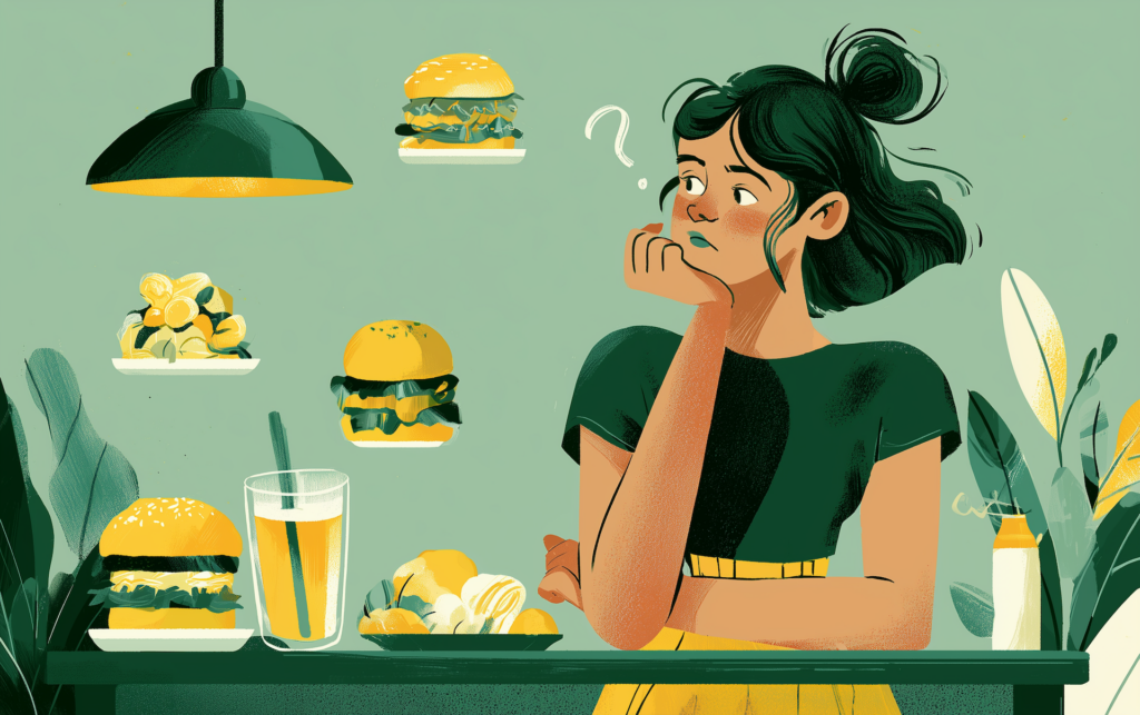 a woman ponders what the healthier fast food options available to her are