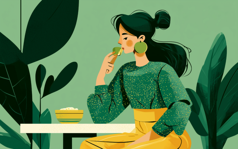 A health-conscious woman eats hummus