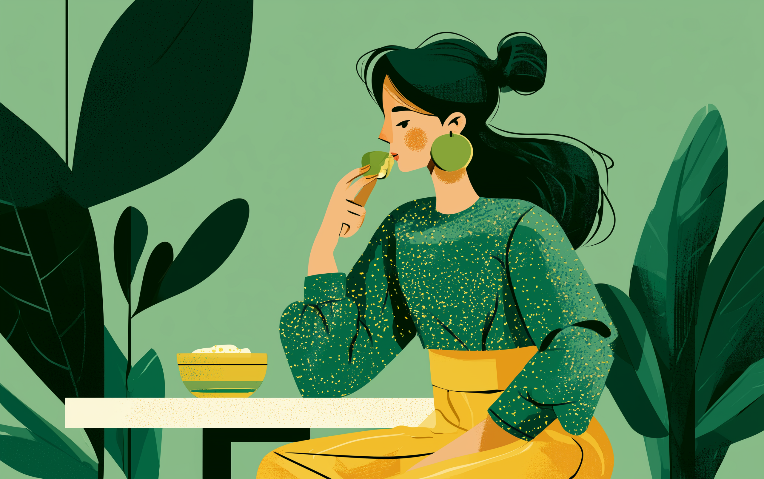A health-conscious woman eats hummus