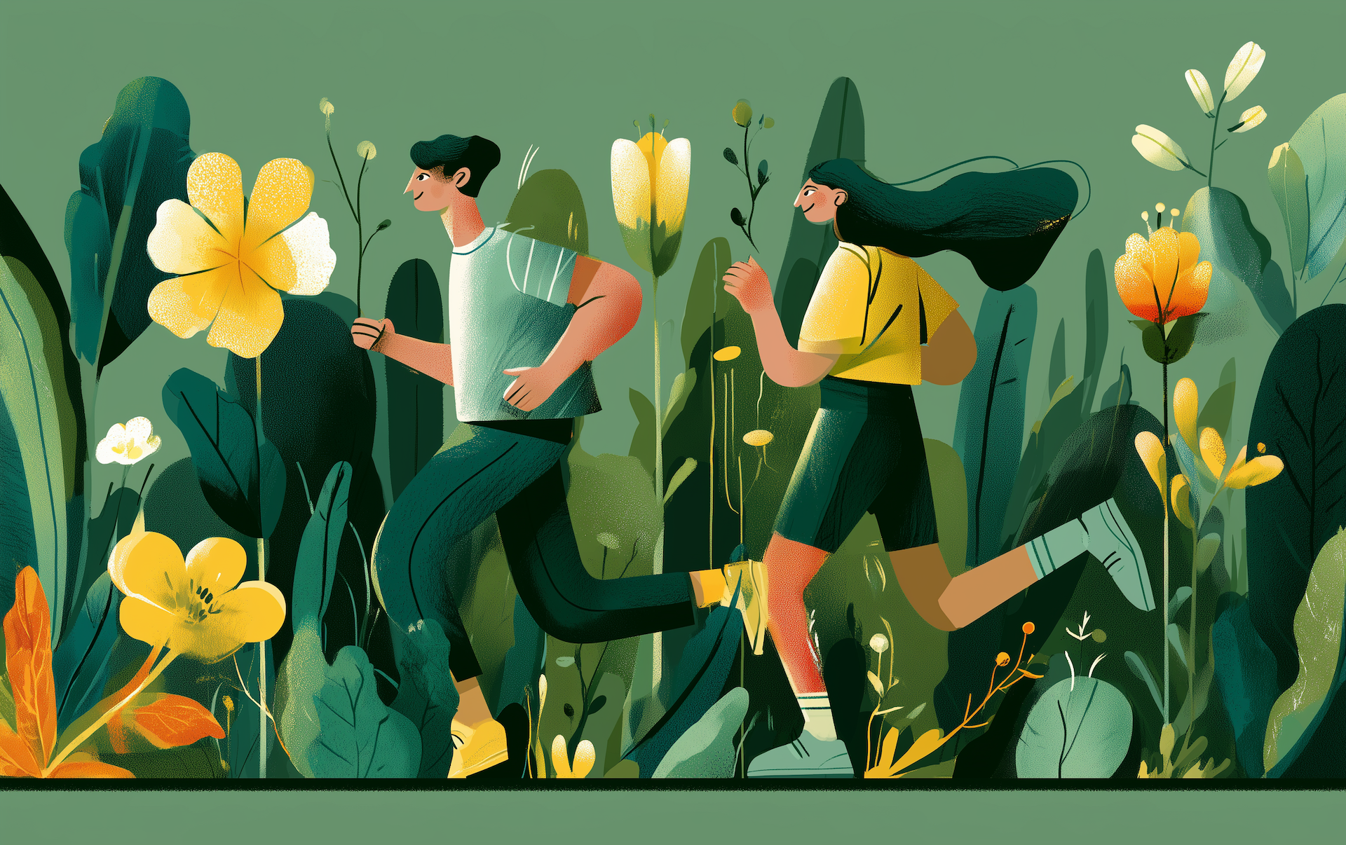 Two people using natural mood boosters like exercise and time in nature to improve mental well-being.