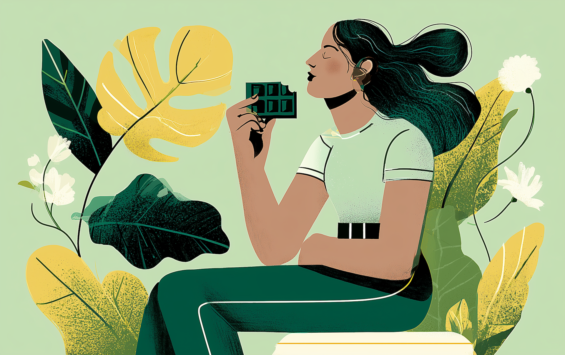 a woman indulges in dark chocolate because theobromine benefits include slowing aging