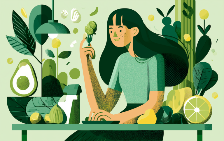 a woman eats a plate filled with vitamins that are good for gut health