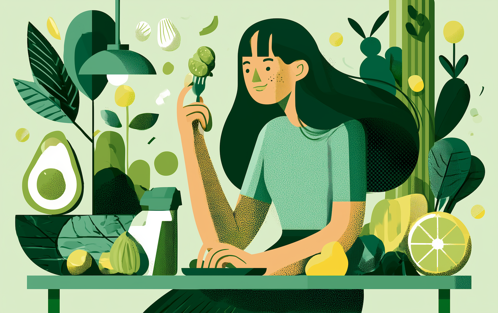 a woman eats a plate filled with vitamins that are good for gut health