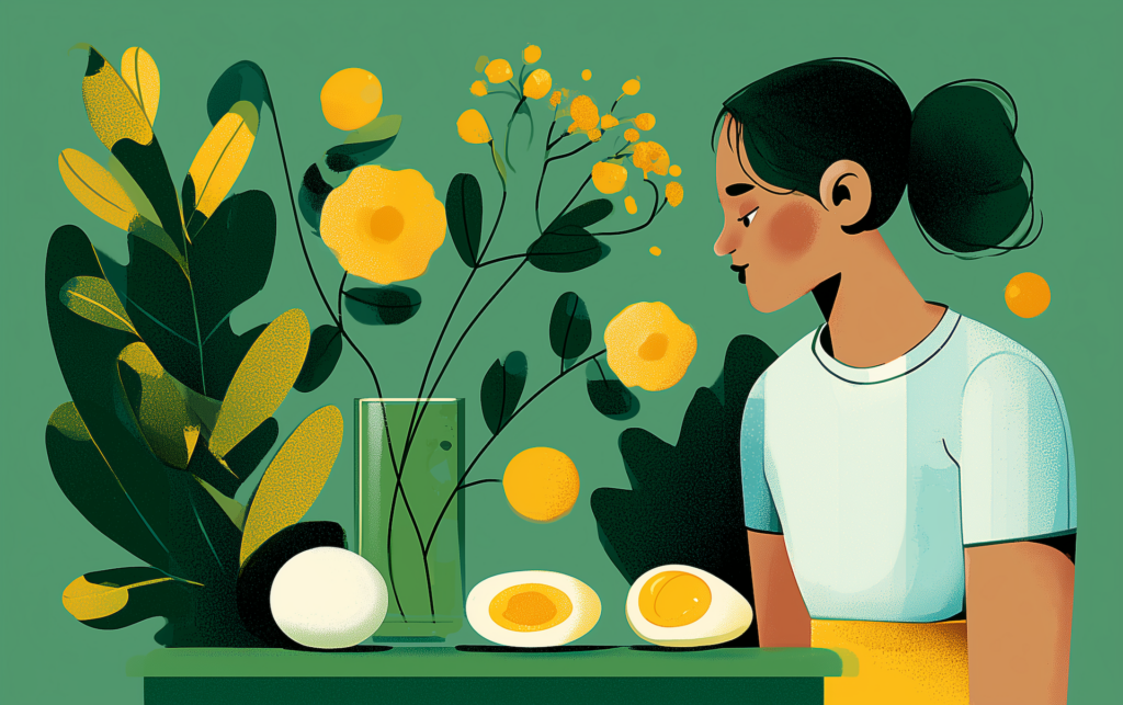 a woman looking curiously at whole and sliced eggs on a table, representing the question if eggs are good for gut health