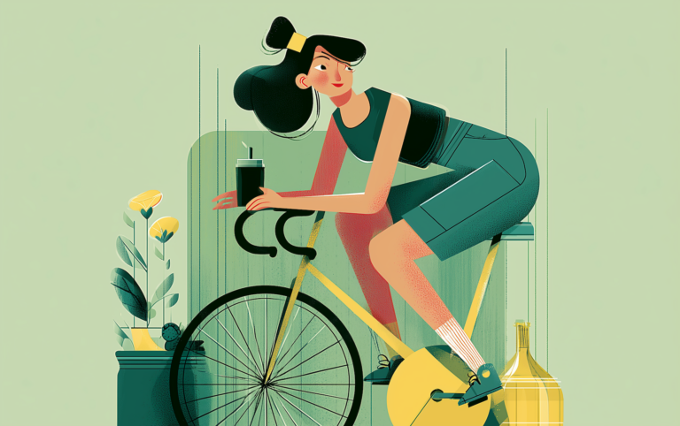 a woman riding a stationary bike while holding a drink for glute strength