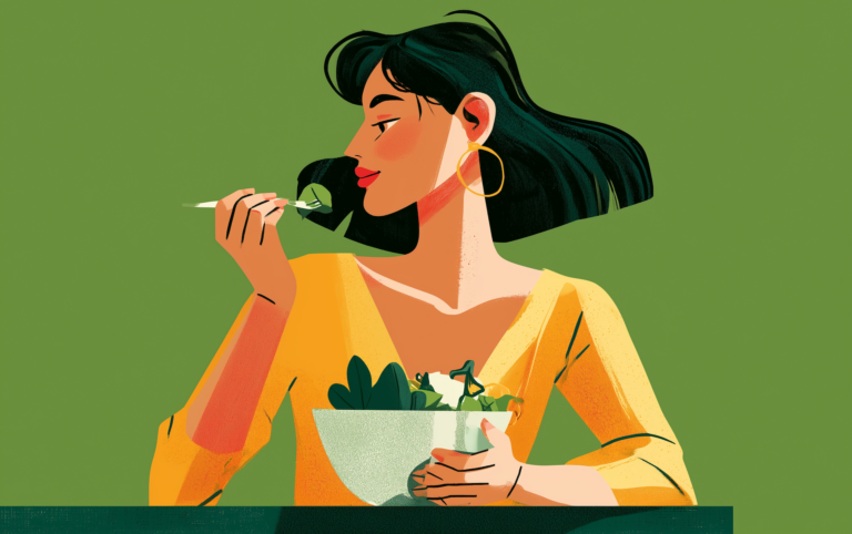 a woman eating a salad, representing high protein lunch ideas