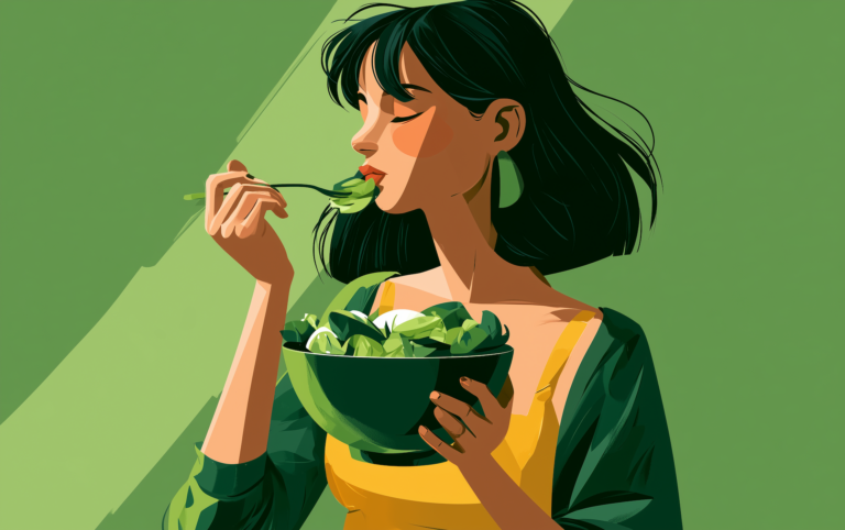 Woman eating a bowl of leafy greens and edamame, a high protein vegetables meal