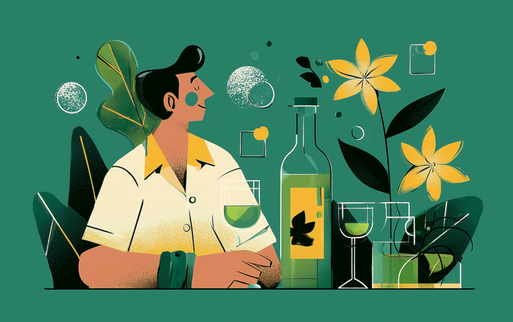 a man surrounded by wine and botanicals, representing how to restore gut health after alcohol