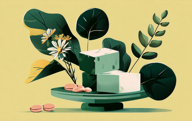 Blocks of tofu are stacked on a table alongside soy beans, as part of a tofu low-calorie meal