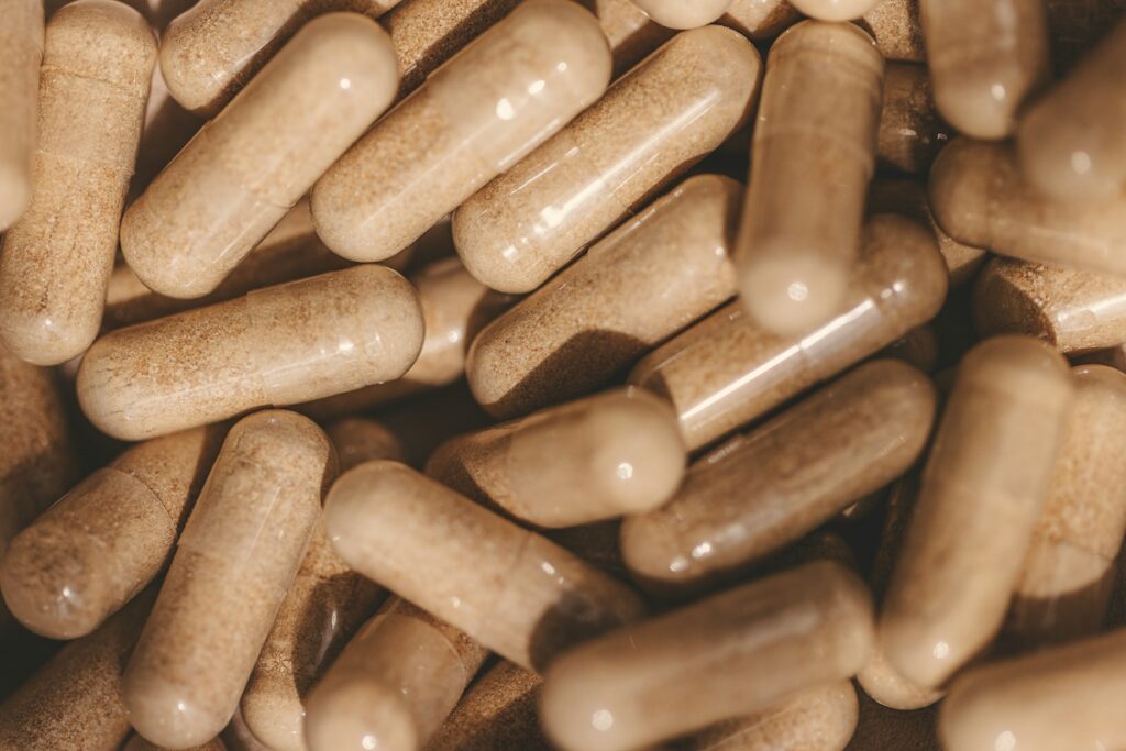 Close-up of ashwagandha capsules, one of the supplements to reduce cortisol with the most research support