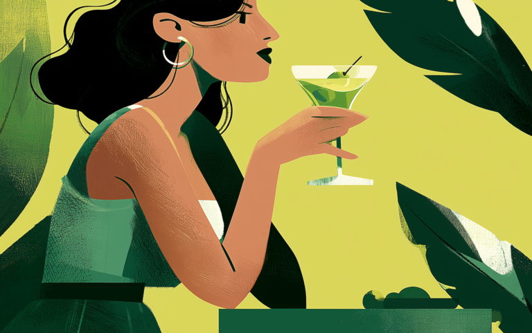 a woman sipping a green cocktail, evoking the mocktail mood of a cortisol cocktail recipe enjoyed as an evening drink