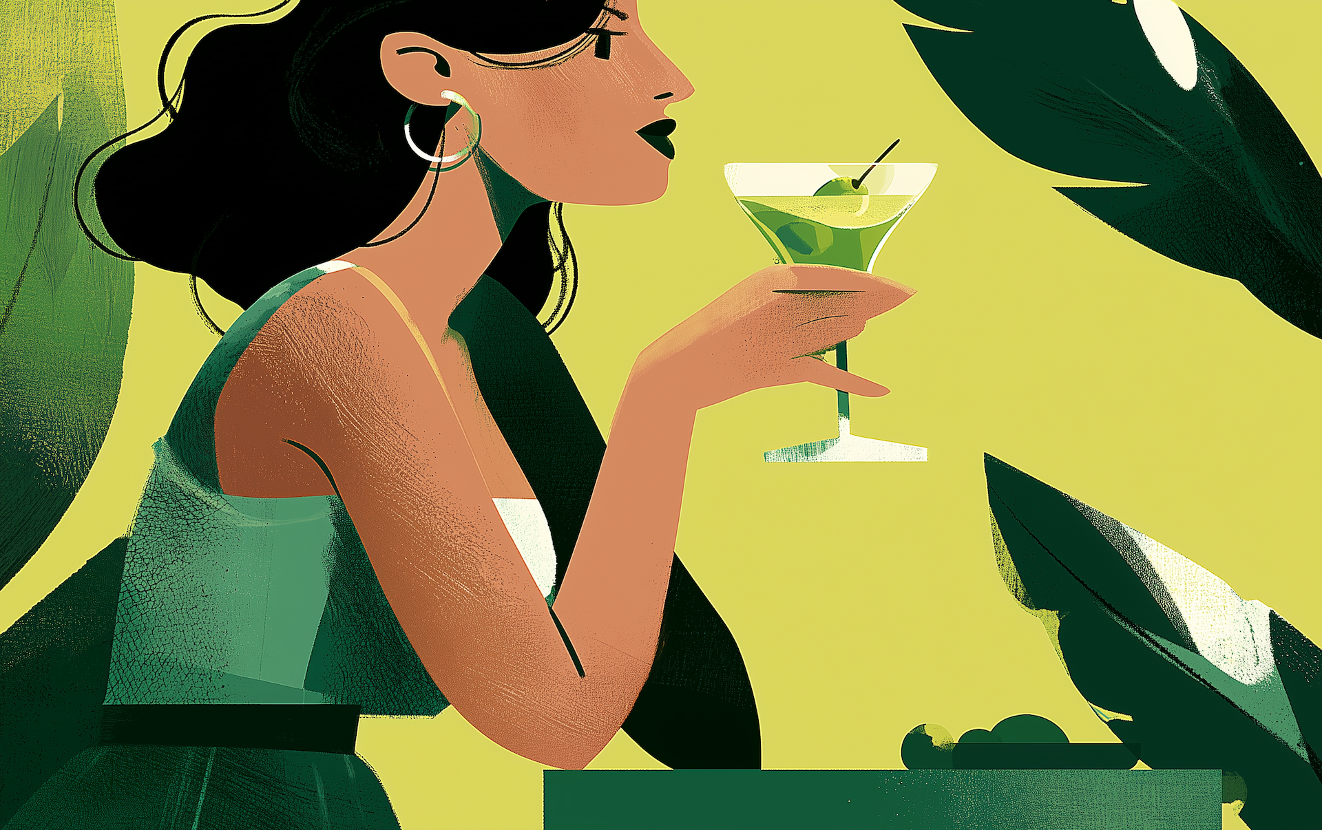 a woman sipping a green cocktail, evoking the mocktail mood of a cortisol cocktail recipe enjoyed as an evening drink