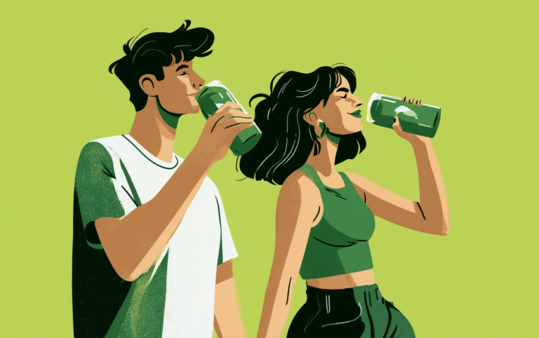man and woman drinking green electrolyte drinks from bottles, representing electrolytes for fasting to support hydration