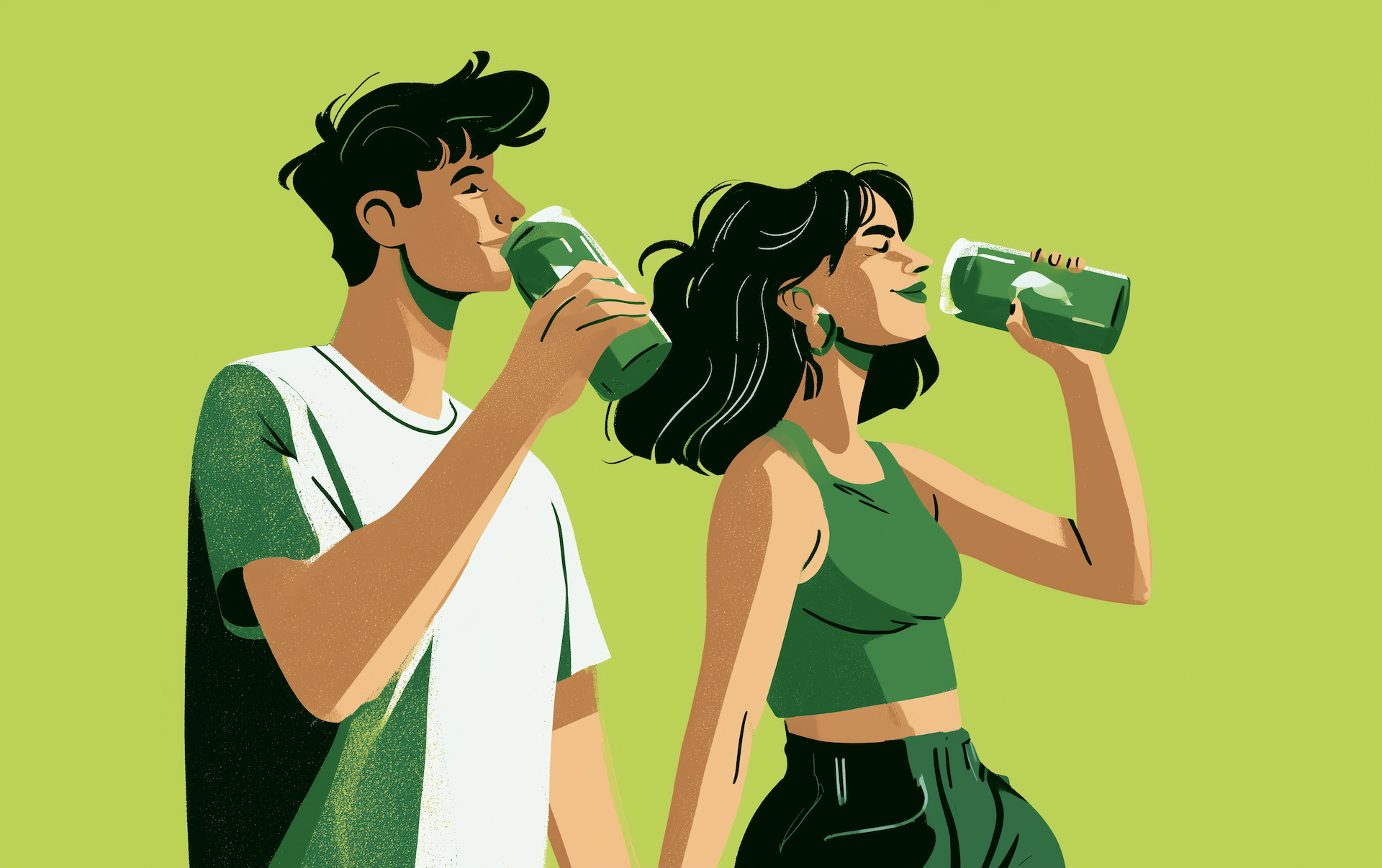 man and woman drinking green electrolyte drinks from bottles, representing electrolytes for fasting to support hydration
