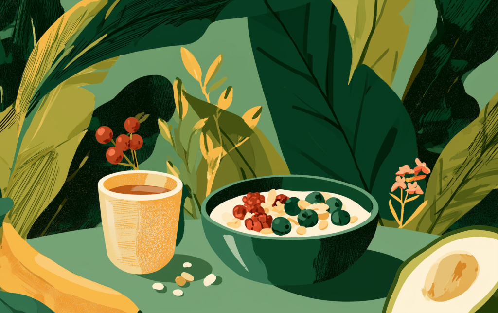 bowl of high-protein overnight oats with berries and nuts alongside coffee and fruit