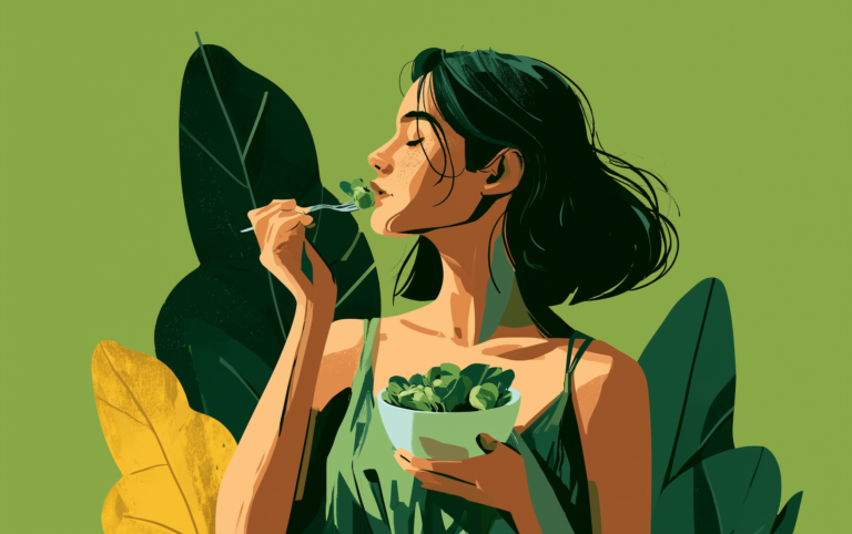a woman eating a bowl of greens, representing high protein vegetarian meals in an everyday plant-based diet