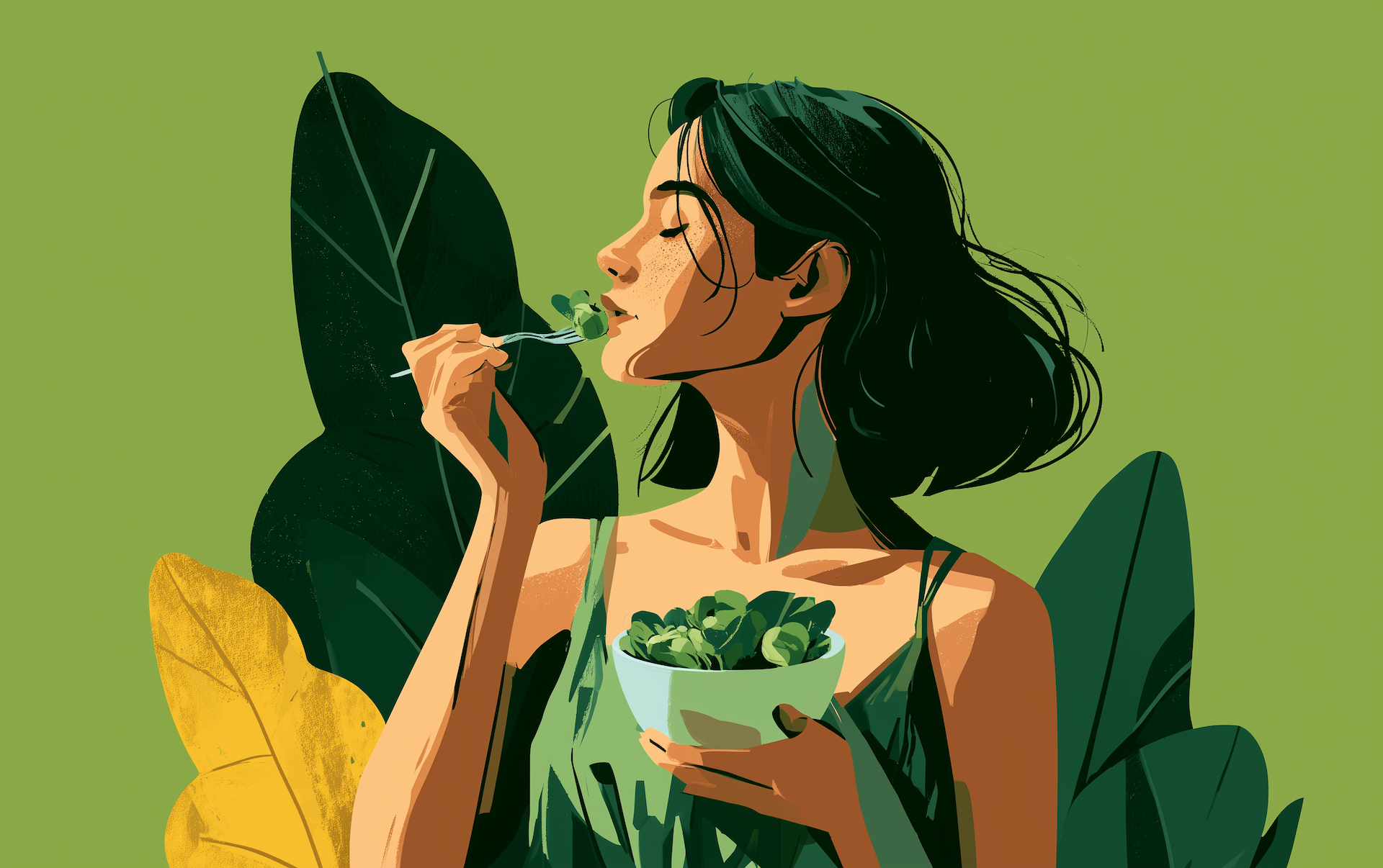 a woman eating a bowl of greens, representing high protein vegetarian meals in an everyday plant-based diet