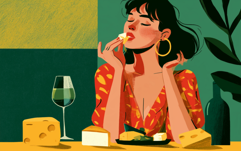 Woman enjoying a low calorie cheese and wine pairing with an assortment of cheese wedges on a table