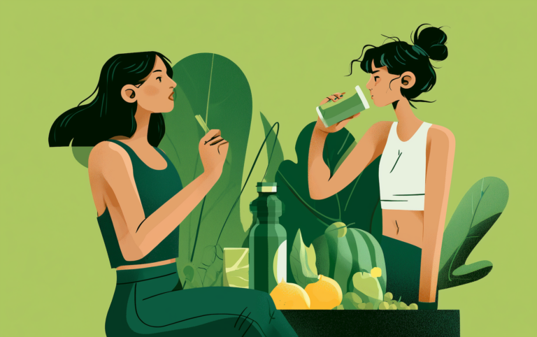 Two women enjoying foods that have electrolytes, including celery, watermelon, citrus, and a green smoothie, surrounded by hydration essentials.