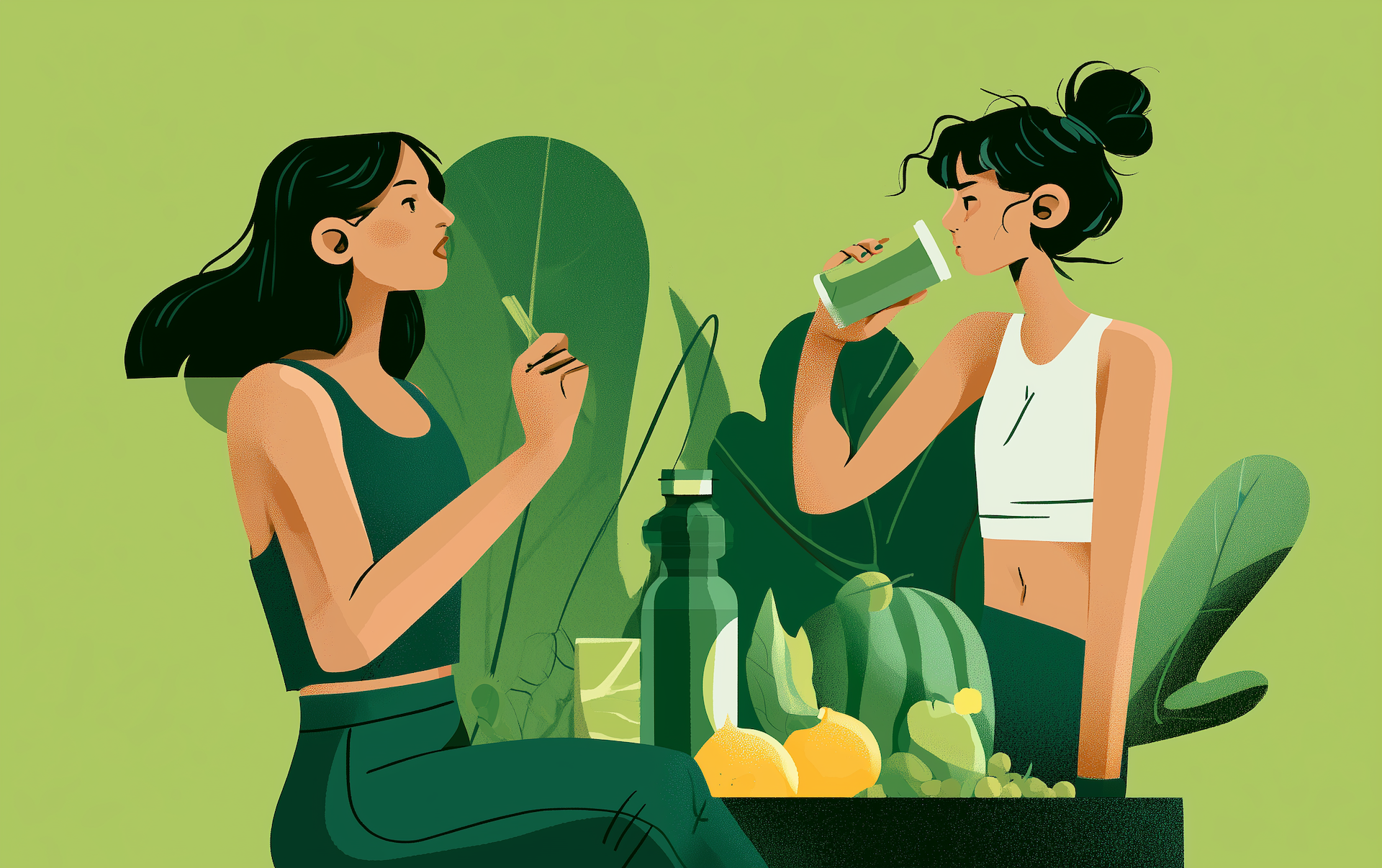 Two women enjoying foods that have electrolytes, including celery, watermelon, citrus, and a green smoothie, surrounded by hydration essentials.