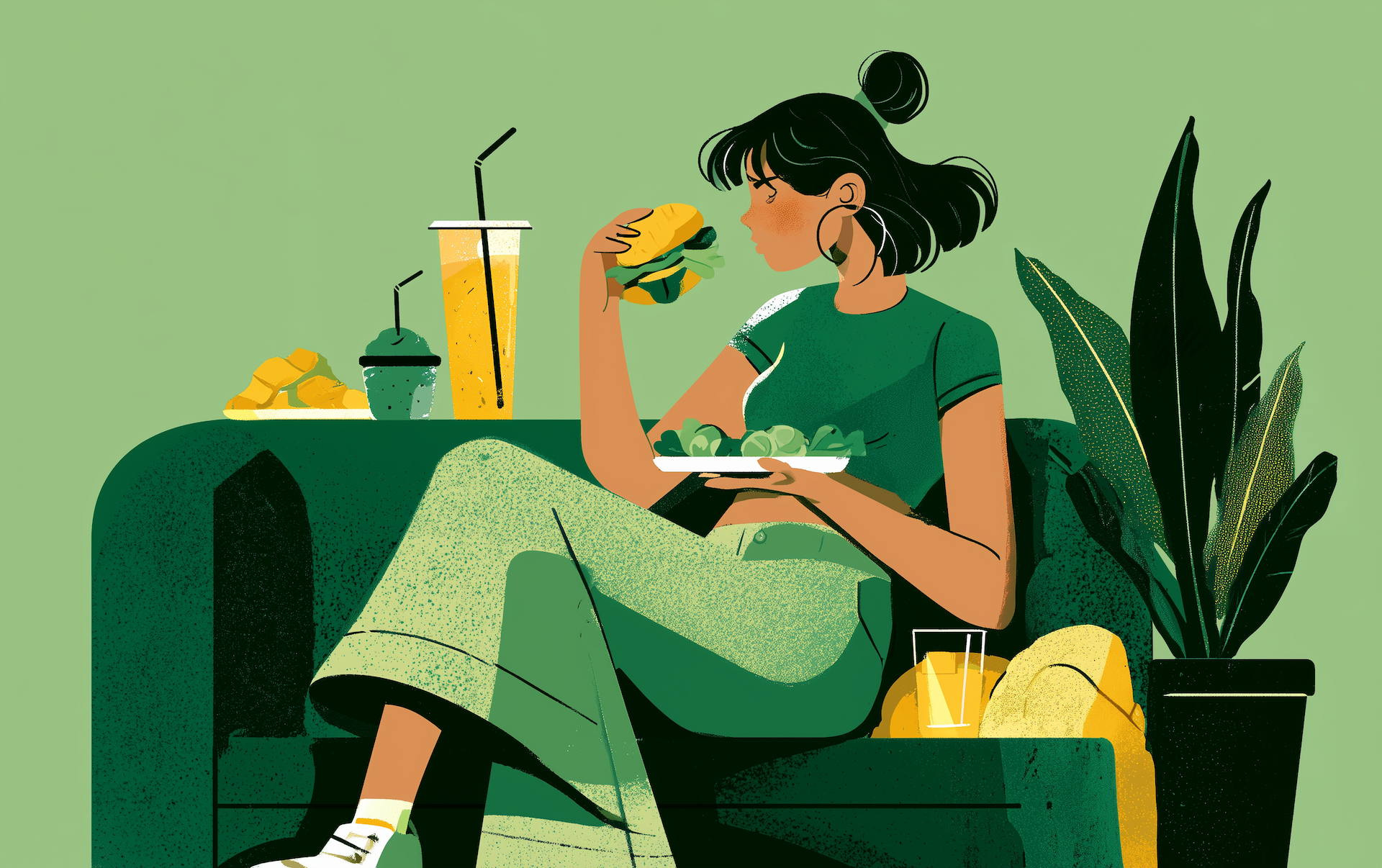 a woman on a couch eating a burger and fries, examples of the worst foods for gut health