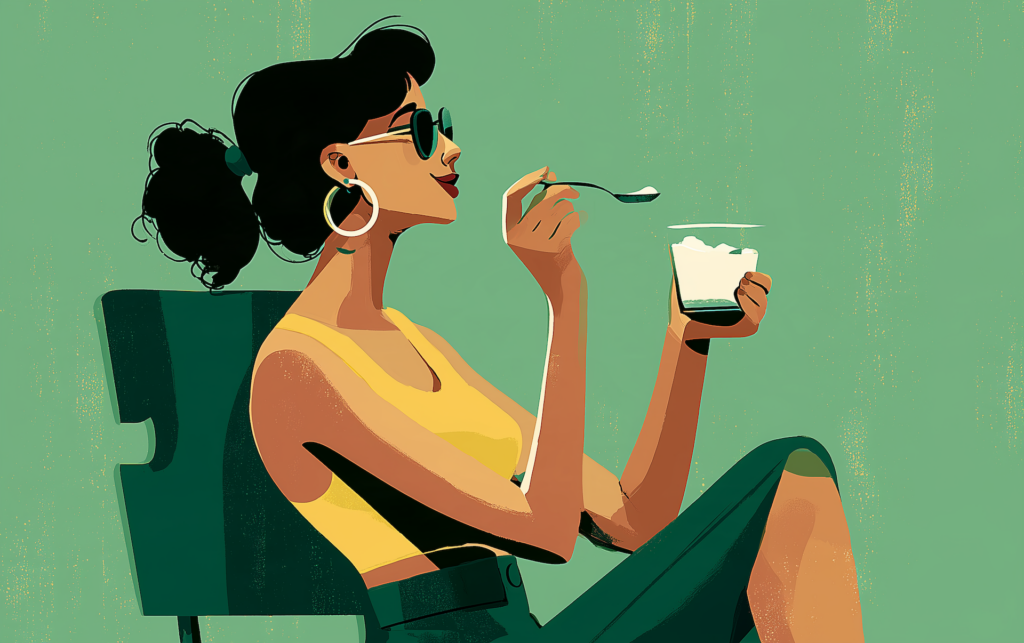 a woman enjoying a spoonful of yogurt, choosing the best yogurt for gut health