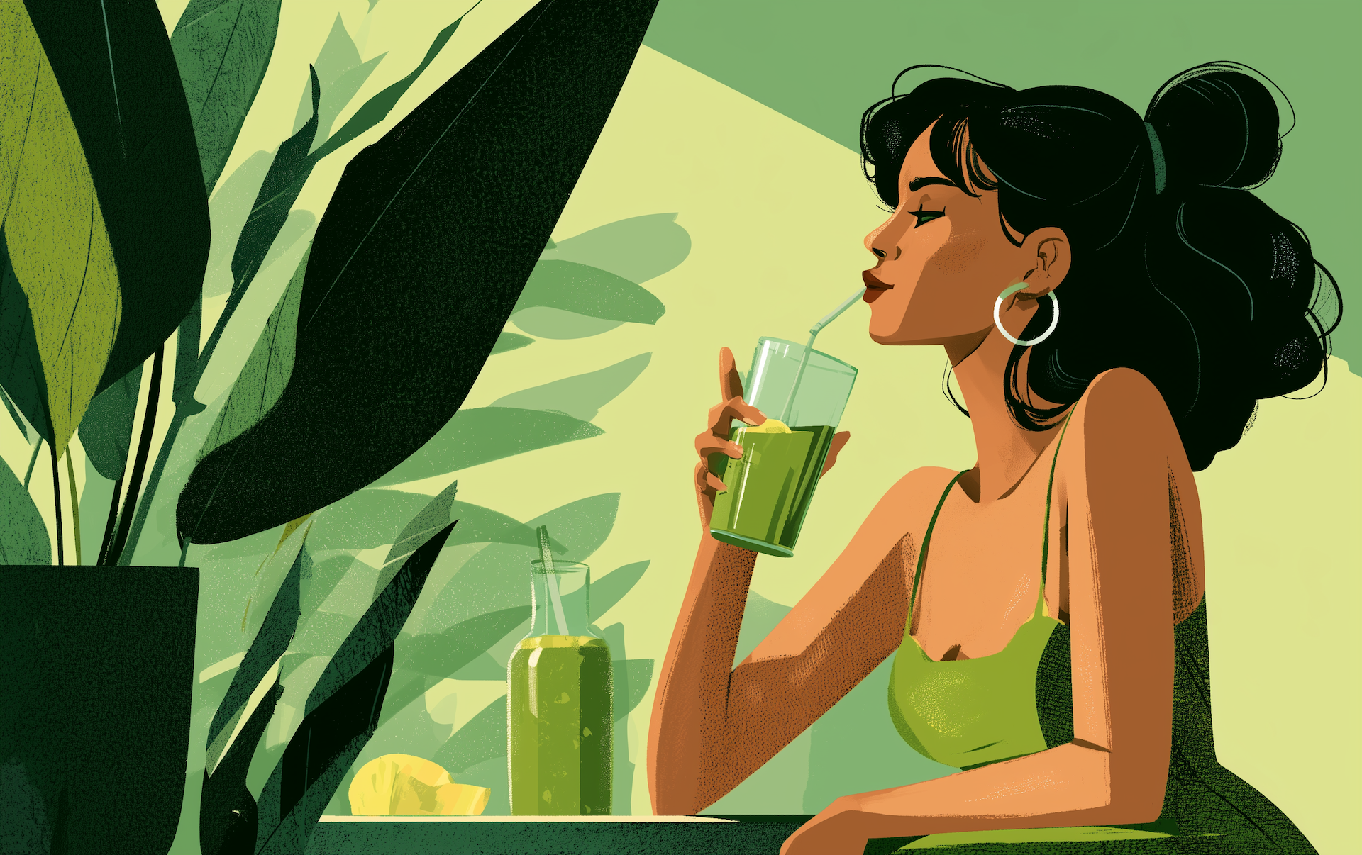 a woman drinking a green juice associated with cortisol detox diet claims