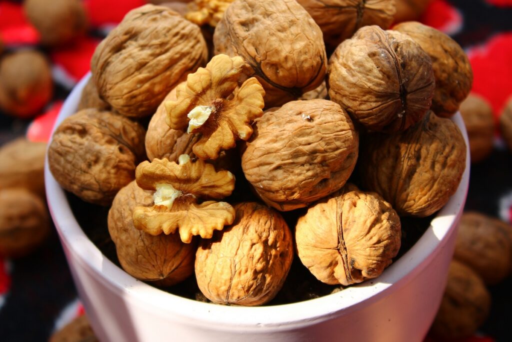 Bowl of whole and cracked walnuts, a daily serving linked to walnuts and brain function benefits