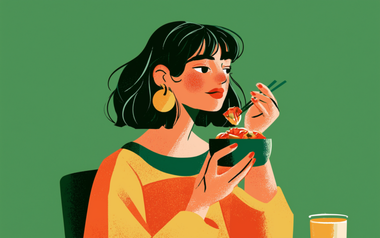 a woman eating kimchi with chopsticks, representing fermented foods for gut health