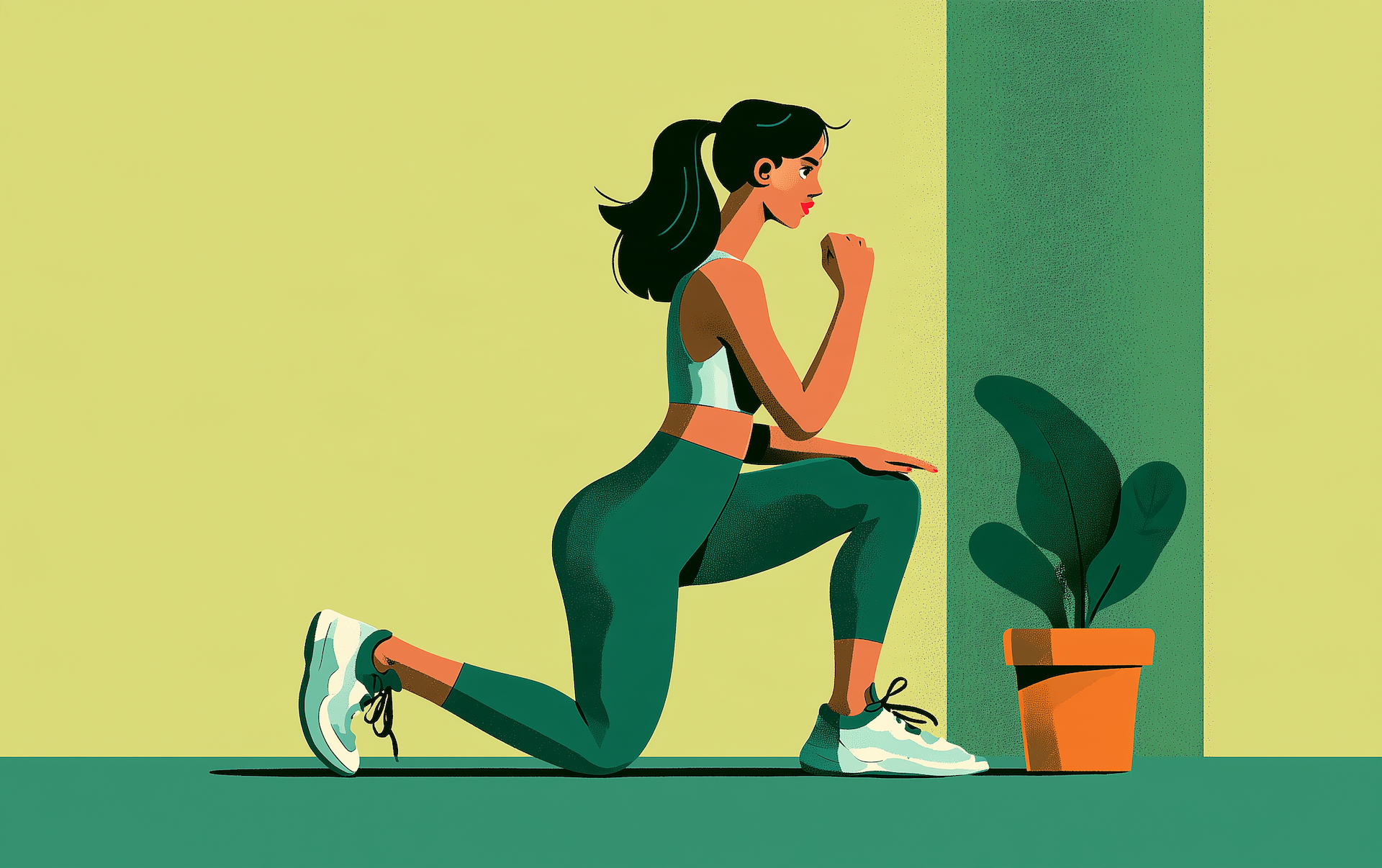 Woman in green leggings holding a kneeling lunge position at home as part of a glutes workout to strengthen and tone the lower body