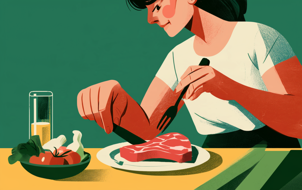 a woman cutting into a steak, one of many high-protein foods, with a side salad and a glass of juice
