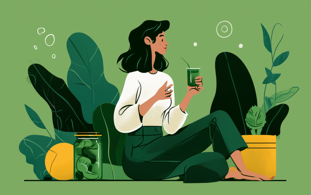 woman relaxing with a green fermented drink among plants, an editorial look at how to fix your gut health