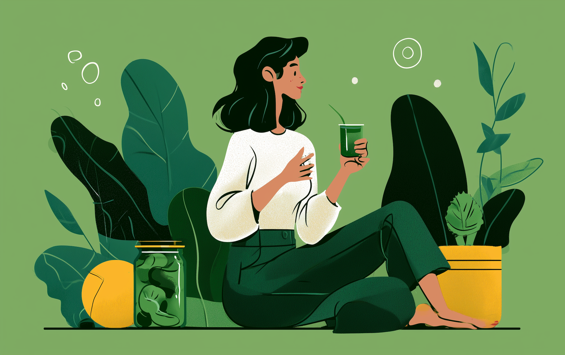 woman relaxing with a green fermented drink among plants, an editorial look at how to fix your gut health
