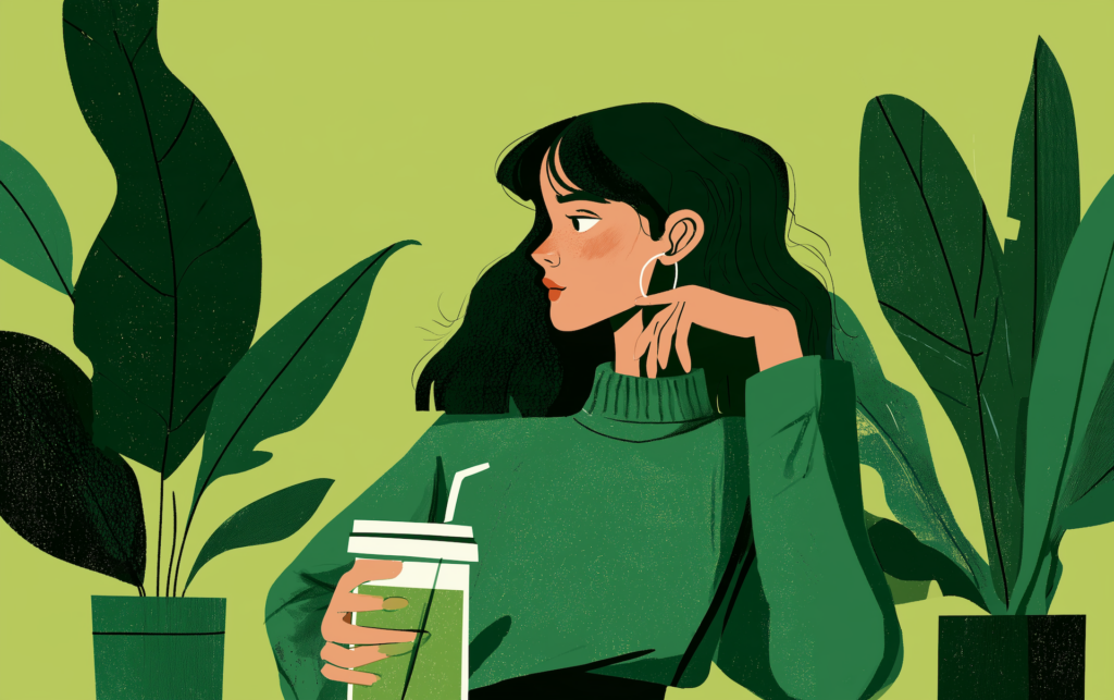 a woman relaxing with a healthy drink surrounded by greenery, representing how to lower cortisol and support stress management.