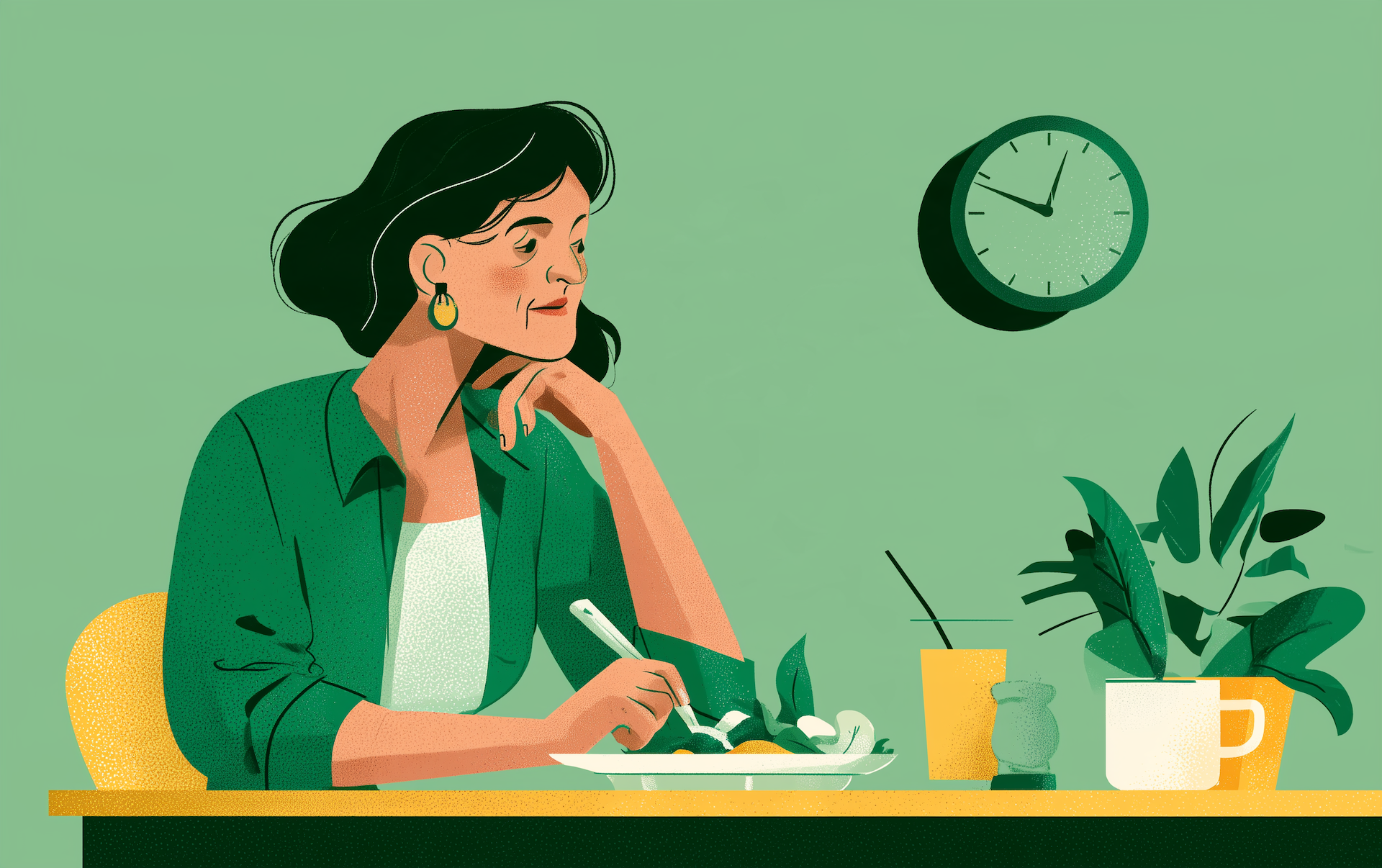 a woman eating a meal within her eating window while a clock on the wall represents intermittent fasting for women over 50