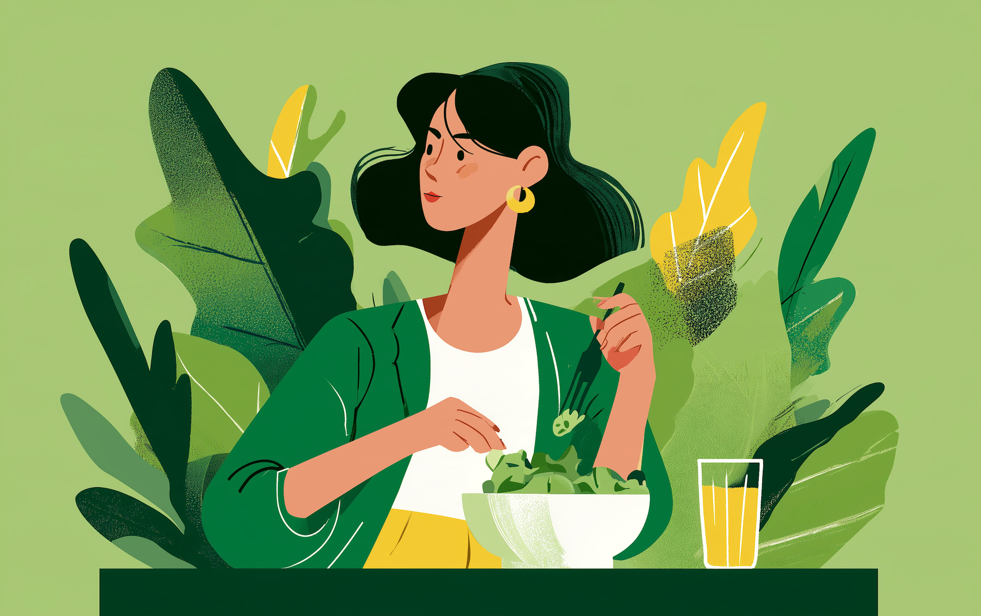 a woman eating a salad, representing low calorie meals surrounded by greenery