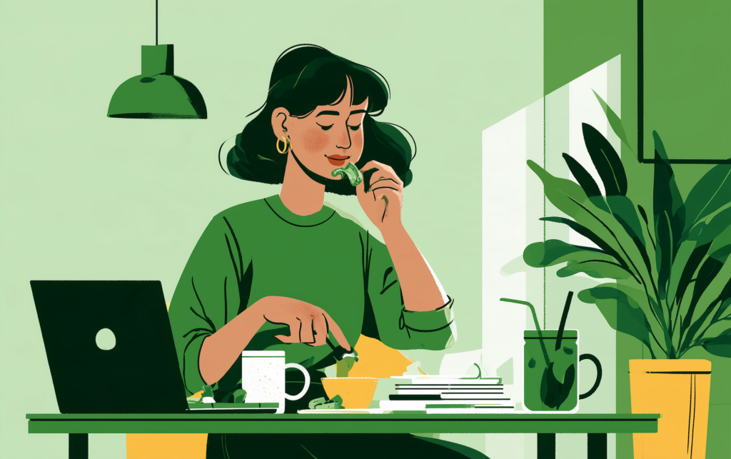 a woman eating a snack at her desk with a laptop, mug, and plant, representing healthy snacks for work