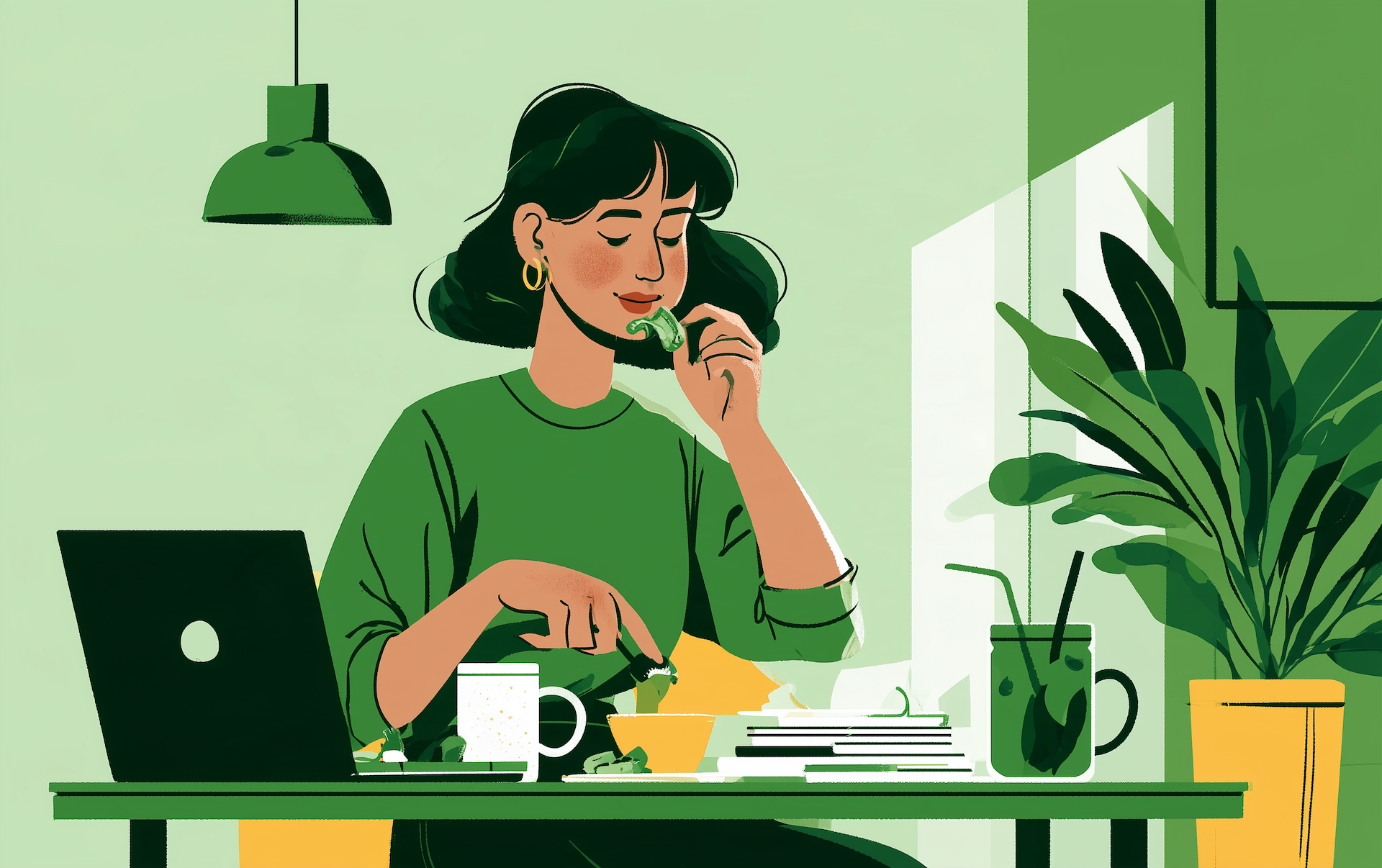 a woman eating a snack at her desk with a laptop, mug, and plant, representing healthy snacks for work