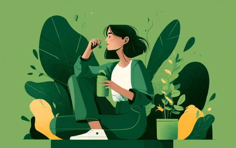 relaxed woman surrounded by green plants, representing the calming magnesium glycinate benefits for sleep and stress