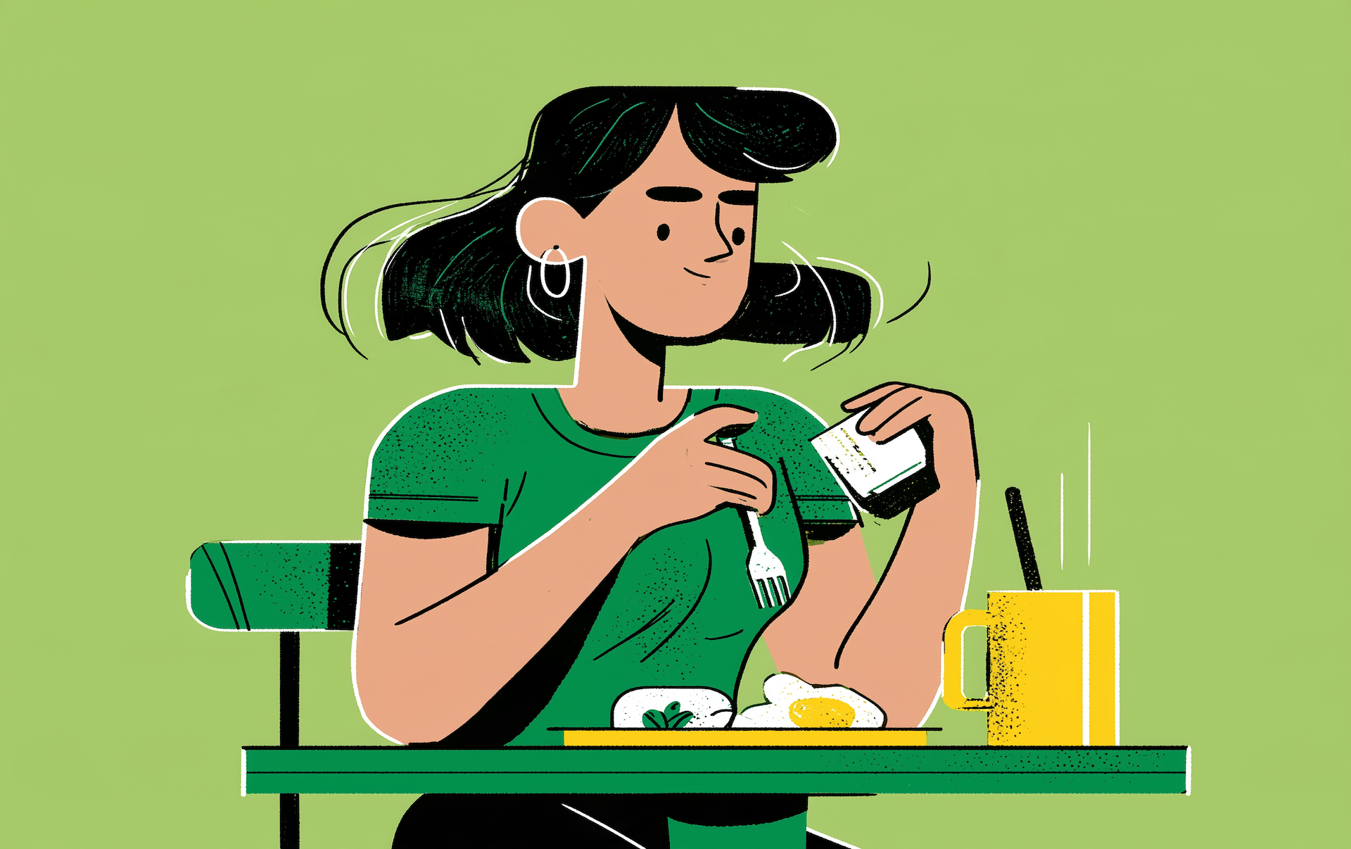 a smiling woman at a table eating easy healthy breakfast ideas: a fried egg, toast with greens, and a yellow mug of coffee.