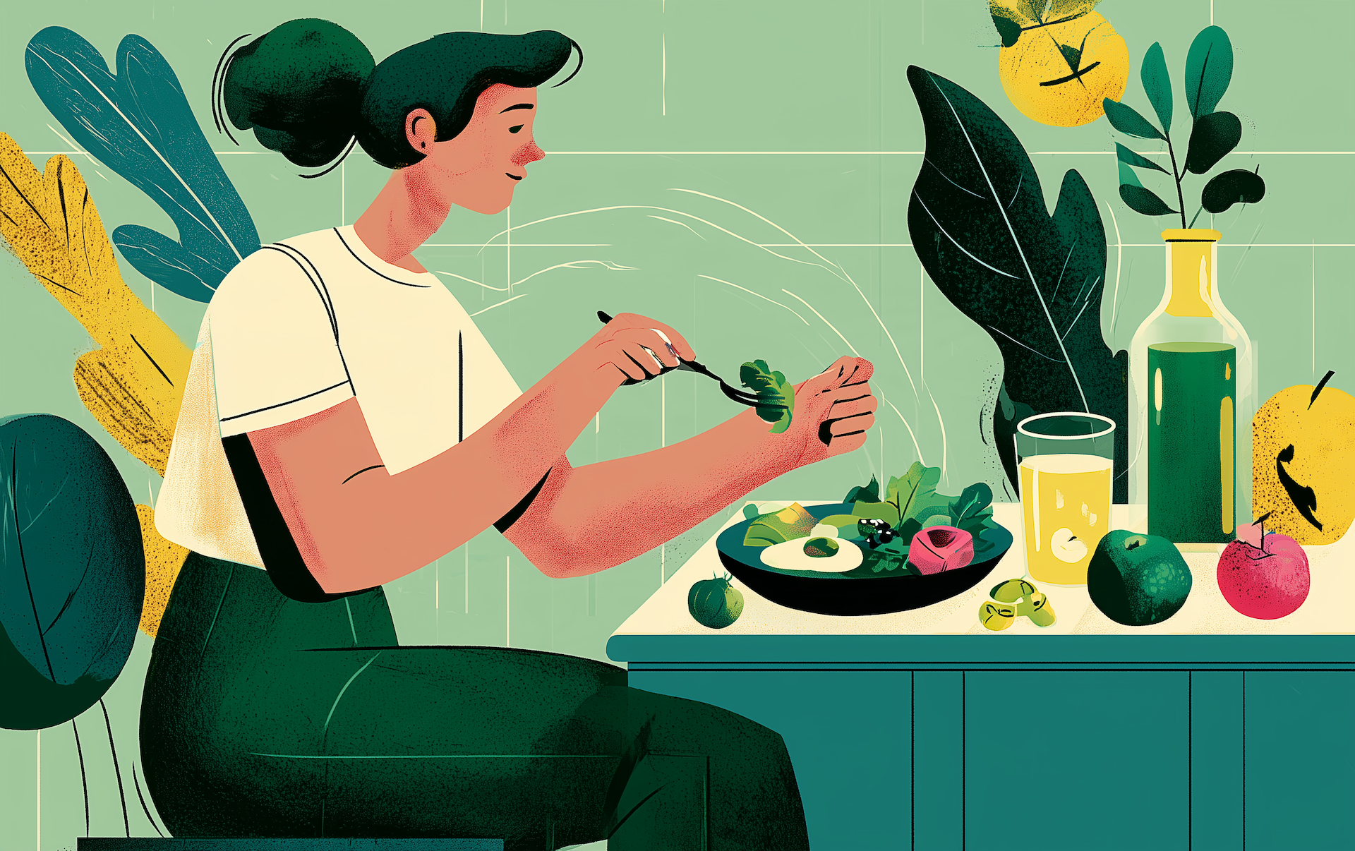 a woman eating a leafy green salad, one of the foods that lower blood pressure, beside fresh fruit