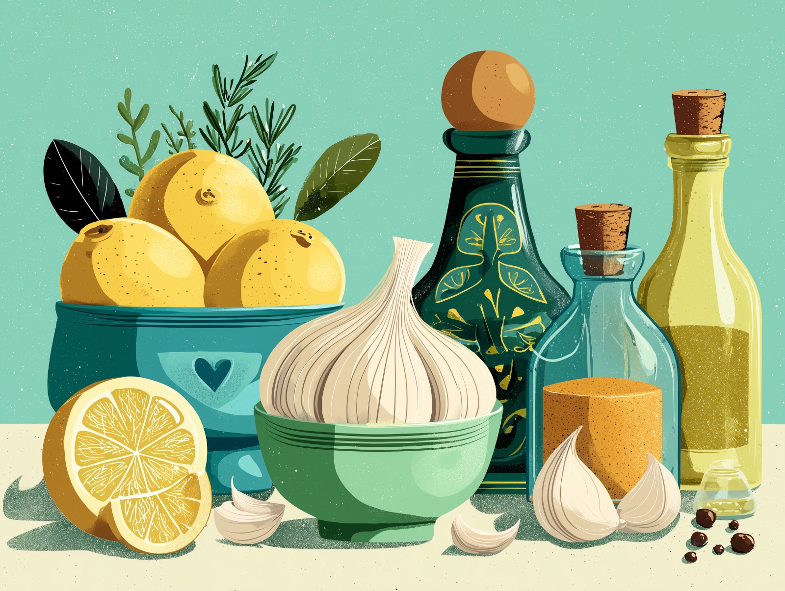 Illustration of lemons, garlic, herbs and oil bottles on a counter