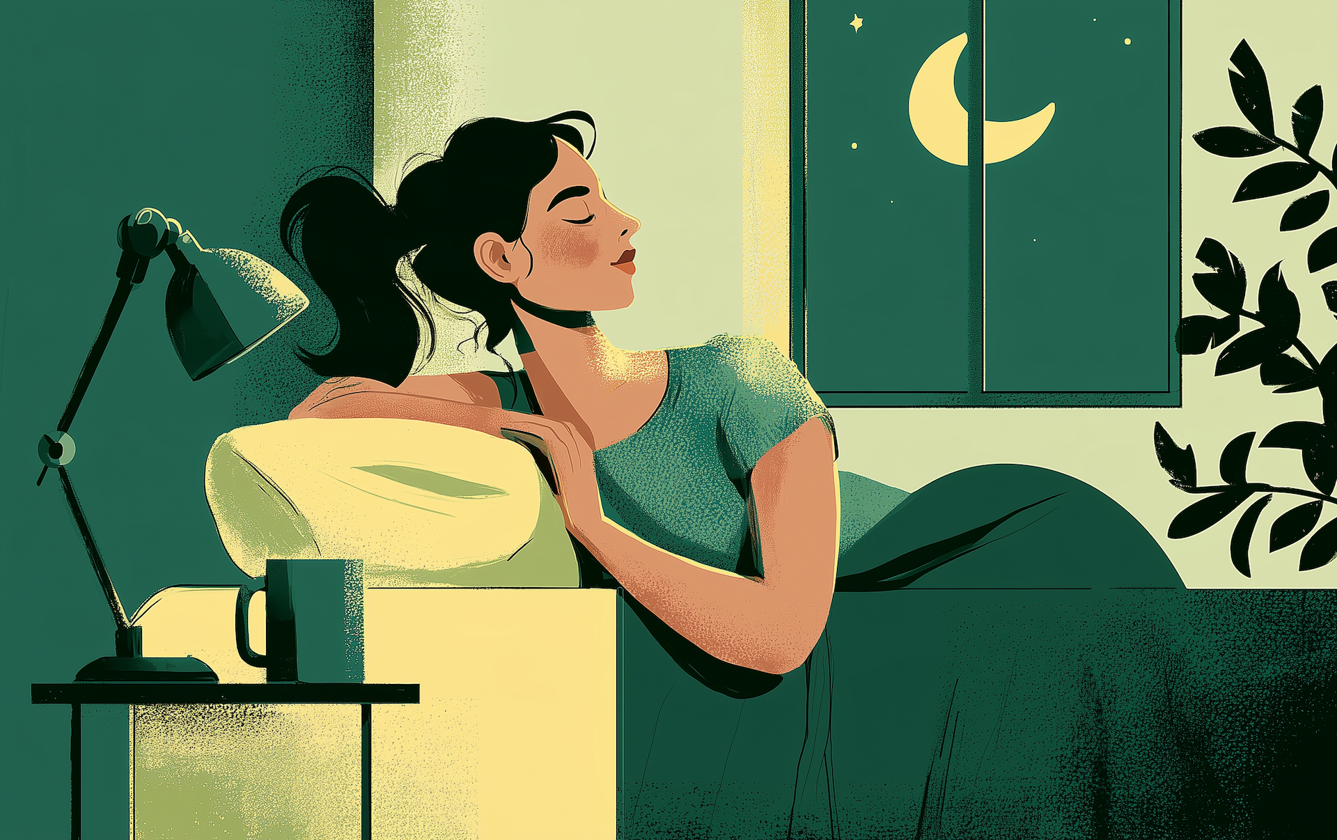 a woman resting peacefully in bed at night beside a bedside lamp and mug, with a crescent moon in the window, showing a calm bedtime routine for how to get more deep sleep