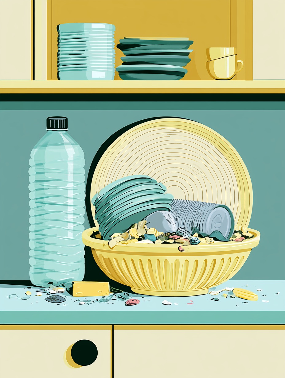 Illustration of a kitchen counter with a bowl and bottle