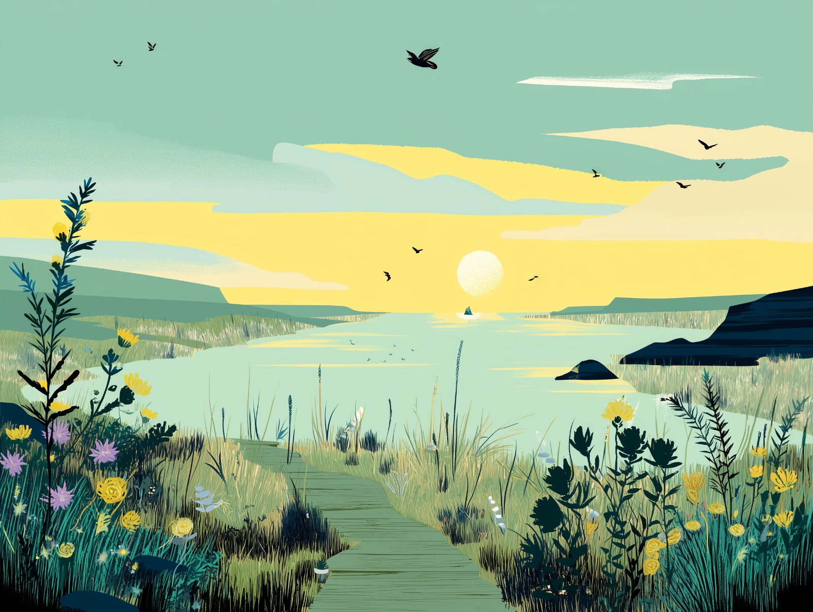 Illustration of a boardwalk through a coastal meadow at sunset