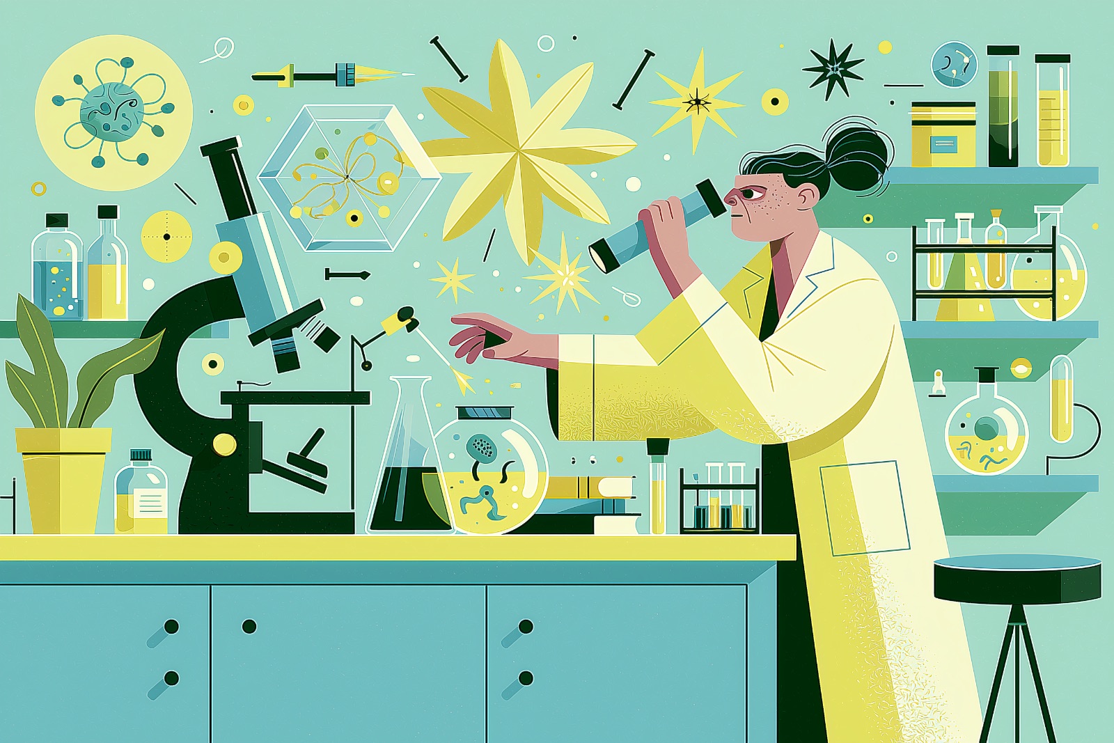 Illustration of a researcher at a lab bench among plants