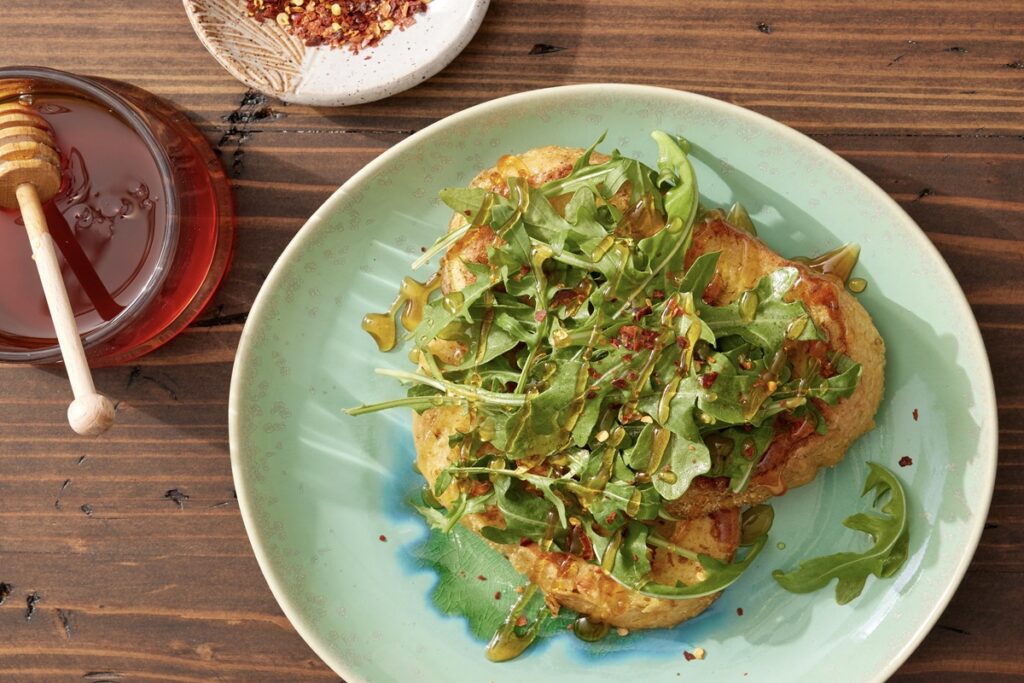 Savory french toast topped with arugula and honey, one of six simple healthy meals from this week on Better Plates